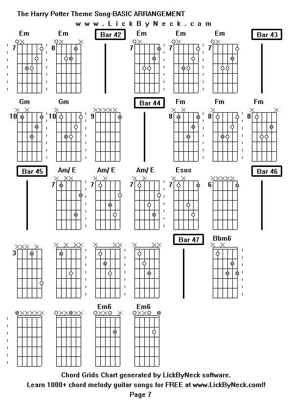 Chord Grids Chart of chord melody fingerstyle guitar song-The Harry Potter Theme Song-BASIC ARRANGEMENT,generated by LickByNeck software.